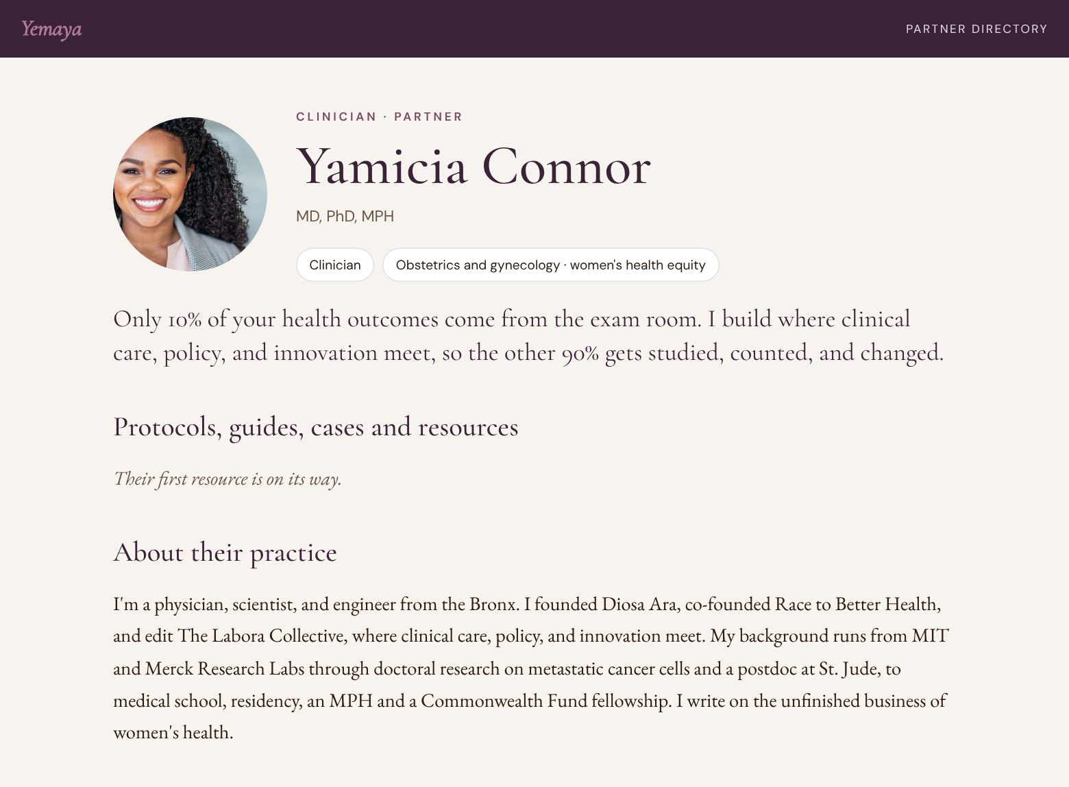 Yemaya — a partner page (Dr. Connor's)
