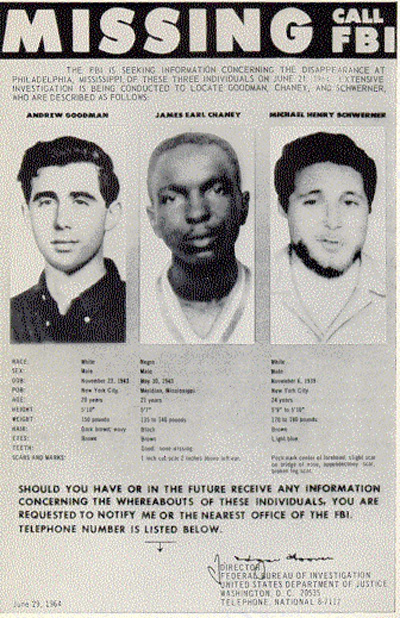 FBI missing-persons poster, June 1964, James Chaney, Andrew Goodman, Michael Schwerner